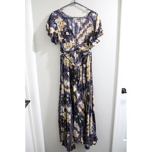 ABEL THE LABEL Boho Floral Print Maxi Dress Short Sleeve V Neck Tie Waist S